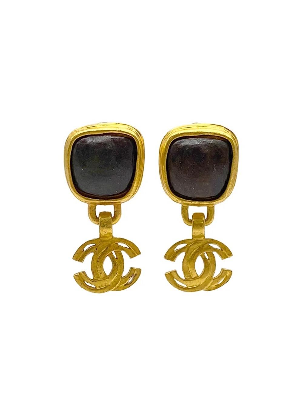 Authentic CHANEL vintage 1997 brown stone CC logo drop earrings